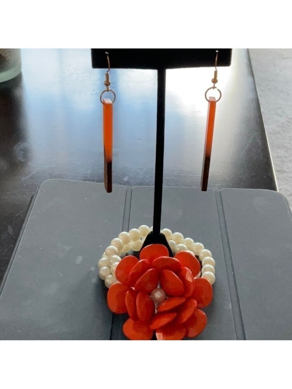 ORANGE AND BROWN DANGLE RESIN BAR EARRINGS